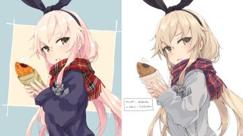 Rule 34 | 1girl, alakoala, alternate costume, anchor hair ornament, artist collaboration, black hairband, blonde hair, blue jacket, brown eyes, commentary request, eating, food, food on face, grey jacket, hair ornament, hairband, ichiroku (sakumogu-029), jacket, kantai collection, long hair, looking at viewer, plaid clothes, plaid scarf, scarf, shimakaze (kancolle), simple background, solo, taiyaki, upper body, wagashi, white background
