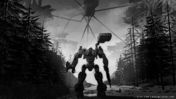 621_(armored_core_vi) armored_core armored_core_vi:_fires_of_rubicon commentary english_commentary from_behind greyscale highres holding holding_weapon l_aciel loader_4 mecha monochrome outdoors robot rocket_launcher science_fiction snow thrusters tree weapon