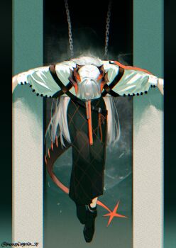 1girl absurdres arknights black_shoes chain chromatic_aberration hanging highres horns long_hair mourningrain_sr multiple_horns outstretched_arms saria_(arknights) shoes solo spread_arms tail twitter_username very_long_hair white_hair