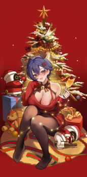 1girl absurdres alternate_breast_size_(larger) alternate_costume bell belle_(zenless_zone_zero) black_pantyhose blue_eyes blush bow bowtie bra breasts christmas_tree cleavage commentary crossed_bangs cup double-parted_bangs ear_blush english_commentary full_body glass hair_between_eyes hair_ornament hands_up highres holding holding_cup large_breasts letter_hair_ornament long_bangs long_sleeves looking_at_viewer neck_bell off-shoulder_sweater off_shoulder open_mouth pantyhose purple_hair red_bra red_sweater short_hair sitting sleeves_past_wrists smile solo striped_bow striped_bowtie striped_clothes sweater underwear upper_body yuna_(deadawon) zenless_zone_zero