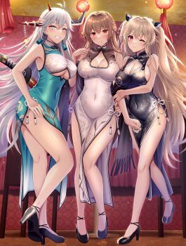 3girls alternate_costume anchorage_(azur_lane) arm_hug asymmetrical_horns azur_lane bare_legs blue_eyes breasts brown_hair chair china_dress chinese_clothes cleavage cleavage_cutout clothing_cutout dress full_body grey_hair hakuryuu_(azur_lane) high_heels highres horns katana lantern large_breasts legs light_brown_hair long_hair looking_at_viewer mismatched_horns multiple_girls official_alternate_costume one_eye_closed paper_lantern purple_eyes red_eyes sleeveless smile standing strappy_heels suzumia_(daydream) swiftsure_(azur_lane) swiftsure_(beauty_of_white_jade)_(azur_lane) sword underboob underboob_cutout weapon weapon_on_back wooden_chair