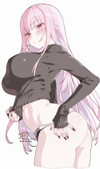 1girl ass black_nails black_panties black_sweater blush breasts closed_mouth clothes_pull commentary cropped_legs fingernails highres hololive hololive_english kamiya_maneki large_breasts long_hair long_sleeves mori_calliope nail_polish navel no_pants panties pink_eyes pink_hair ribbed_sweater signature simple_background sleeves_past_wrists solo stomach sweater sweater_pull thighs twisted_torso twitter_username underwear virtual_youtuber white_background