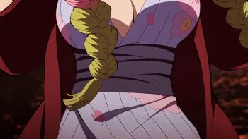 1girl animated animated_gif breasts cleavage huge_breasts kanroji_mitsuri kimetsu_no_yaiba large_breasts long_hair