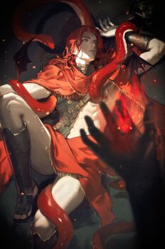 abs animal arm_above_head arm_up bai_rui bat_wings black_background bracer chest_armor closed_mouth disembodied_hand dutch_angle elden_ring elden_ring:_shadow_of_the_erdtree embers foot_out_of_frame gladiator_sandals glowing glowing_eyes highres knee_up long_hair looking_at_viewer looking_up male_chest messmer_the_impaler mini_wings red_hair red_robe red_snake robe sandals simple_background single_bracer snake snake_wrapped_around_body wings yellow_eyes