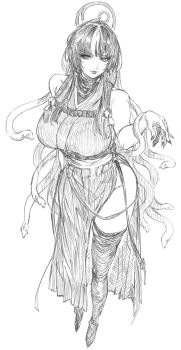 1girl azami_(blue_archive) blue_archive boots breasts full_body greyscale groin halo high_heel_boots high_heels highres indinu japanese_clothes kimono large_breasts lips long_hair monochrome multicolored_hair side_slit simple_background sketch sleeveless sleeveless_kimono snake snake_hair solo two-tone_hair white_background