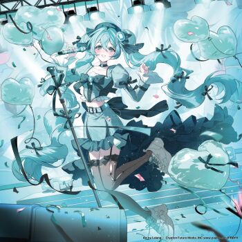 Rule 34 | 1girl, aqua eyes, aqua hair, balloon, black thighhighs, blue choker, blue eyes, blue hair, blue shirt, blue skirt, blush, bow, breasts, choker, collarbone, commentary request, garter straps, hair between eyes, hair bow, hat, hatsune miku, heart balloon, highres, holding, holding microphone, lalang, long hair, long sleeves, looking at viewer, microphone, microphone stand, midriff, navel, official art, open mouth, shirt, shoes, skirt, smile, solo, stage, stage lights, thighhighs, twintails, very long hair, vocaloid