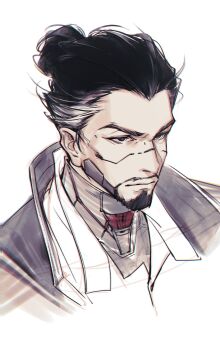 1boy bh495 black_eyes black_hair black_jacket closed_mouth collared_shirt commentary cropped_shoulders cyberpunk_(series) cyberpunk_2077 cyborg english_commentary facial_hair goatee goro_takemura hair_bun highres jacket male_focus multicolored_hair shirt solo streaked_hair white_background white_hair white_shirt