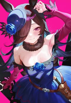 Rule 34 | 1girl, absurdres, animal ears, blue dress, blue flower, blue hat, blue rose, breasts, brown hair, closed mouth, dress, flower, hair over one eye, hat, hat flower, highres, horse ears, horse girl, long hair, long sleeves, looking at viewer, medium breasts, off-shoulder dress, off shoulder, pink background, purple eyes, purple sleeves, rice shower (umamusume), rose, simple background, smile, solo, suujiniku, umamusume