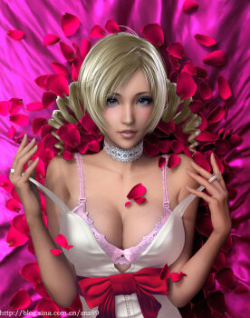 1girl 3d atlus bare_shoulders bed_sheet blonde_hair blue_eyes bow bra breasts catherine_(atlus_character) catherine_(game) choker cleavage collar demon_girl drill_hair eyeshadow female_focus large_breasts lingerie lipstick makeup petals photorealistic pink_bra realistic red_ribbon ribbon rose_petals short_hair solo strap_pull twin_drills twintails underwear undressing veins veiny_breasts waist_bow znz