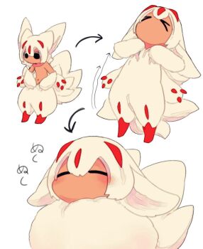 >_< 1girl animal_ears arrow_(symbol) body_fur chibi closed_eyes clothes_pull extra_arms faputa fewer_digits happy hinagon jumpsuit looking_away made_in_abyss monster_girl multiple_tails multiple_views navel pajamas sequential short_hair simple_background standing tail topless_female white_background white_fur white_hair