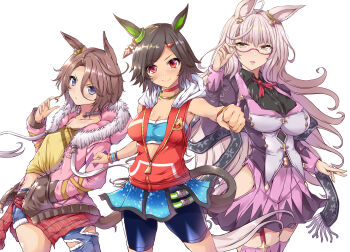 Rule 34 | 3girls, absurdres, ahoge, animal ears, armband, armpits, asymmetrical clothes, bandaid, bandaid on face, belt, biwa hayahide (pf. winning equation...) (umamusume), biwa hayahide (umamusume), black hair, black shirt, black tail, blazer, blue bra, blue eyes, blue jeans, blue shorts, blue skirt, blush, bra, breasts, brown belt, brown hair, brown tail, choker, cleavage, closed mouth, clothes around waist, clothing cutout, collarbone, collared shirt, crown, denim, dot nose, ear ornament, female focus, flat chest, fur-trimmed jacket, fur trim, glasses, grey hair, grey tail, hand in pocket, highres, hip vent, hood, hooded jacket, hoodie, horse ears, horse girl, horse tail, horseshoe necklace, huge breasts, jacket, jeans, large breasts, legs, long hair, long sleeves, looking at viewer, medium breasts, medium hair, mini crown, miniskirt, multiple girls, narita taishin (nevertheless) (umamusume), narita taishin (umamusume), neckerchief, no bra, no panties, nonnon (yudenonno), open mouth, pants, pink jacket, pleated skirt, purple garter belt, purple garter straps, purple jacket, purple skirt, purple socks, purple thighhighs, purple vest, red choker, red eyes, red jacket, red neckerchief, red shirt, semi-rimless eyewear, sexually suggestive, shirt, shirt around waist, short hair, shorts, simple background, single pantsleg, skirt, skirt cutout, sleeveless, sleeveless jacket, small breasts, smile, socks, sports bra, tail, thighhighs, thighs, tied shirt, torn clothes, torn jeans, torn pants, umamusume, under-rim eyewear, underwear, unzipped, very long hair, vest, white background, white hoodie, winning ticket (get to winning!) (umamusume), winning ticket (umamusume), yellow eyes, yellow shirt, zettai ryouiki, zipper pull tab