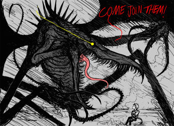 1boy 1girl claws colored_sclera commentary dragon_tail dragon_wings english_commentary grey_background metroid nintendo open_mouth ridley samus_aran sharp_teeth size_difference spaghetti-bastard tail teeth wings yellow_sclera