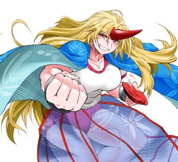Rule 34 | 1girl, alcohol, angeldust, blonde hair, blue cape, blue skirt, breasts, buruma, cape, cleavage, clenched hand, commentary request, cowboy shot, cuffs, cup, female focus, foreshortening, grass print, grin, horns, hoshiguma yuugi, large breasts, leaf print, long hair, muscular, muscular female, neck, red eyes, sakazuki, sake, see-through clothes, shackles, shirt, short sleeves, simple background, single horn, skirt, slit pupils, smile, solo, spilling, striped clothes, striped skirt, thick thighs, thighs, touhou, very long hair, white background, white shirt