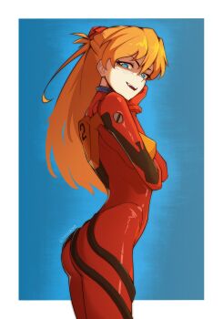 Rule 34 | 1girl, absurdres, arm up, artist name, ass, blue background, blue eyes, bodysuit, border, breasts, commentary, crossed arms, english commentary, from side, hand on own face, hhiikyo, highres, interface headset (evangelion), mecha pilot suit, neon genesis evangelion, orange hair, plugsuit (evangelion), red bodysuit, shaded face, small breasts, smile, solo, souryuu asuka langley, white border