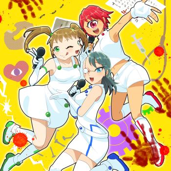 3girls absurdres asymmetrical_hair belt black_socks blood blood_splatter blood_stain blue_eyes blue_hair blue_shorts boots crop_top cross_scar cyclops double_v dress elbow_gloves extra_eyes extra_mouth fingerless_gloves gloves green_eyes highres holding holding_microphone ichigou_(ikigusare) ikigusare kneehighs long_hair looking_at_viewer microphone multiple_faces multiple_girls navel nigou_(ikigusare) nunutarou one-eyed one_eye_closed open_mouth outstretched_arm pencil_dress red_eyes red_hair sangou_(ikigusare) scar shirt shoes short_hair shorts sidecut sleeveless sleeveless_dress sleeveless_shirt smile socks spaghetti_strap stitched_face stitches thighhighs tongue tongue_out twintails undercut v white_belt white_boots white_dress white_shirt white_shoes white_socks white_thighhighs zettai_ryouiki