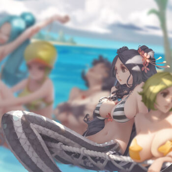 5girls armpits b.bor beach bikini bikini_top_only black_eyes black_hair blonde_hair blue_hair blurry breasts brown_eyes camie_(one_piece) cleavage cloche_hat cloud day depth_of_field flower green_hair hair_flower hair_ornament hat highres ishilly jewelry large_breasts long_hair mermaid miss_valentine monster_girl multiple_girls navel necklace nefertari_vivi ocean one_piece outdoors shakuyaku_(one_piece) short_hair sideboob sitting solo_focus starfish striped swimsuit tree tree_shade
