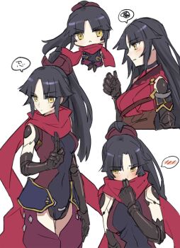 1girl black_hair blush breasts chibi commentary_request fate/grand_order fate_(series) highres joints katou_danzou_(fate) katou_danzou_(third_ascension)_(fate) long_hair looking_at_viewer mechanical_arms medium_breasts ponytail red_scarf robot_girl robot_joints scarf teshima_nari yellow_eyes