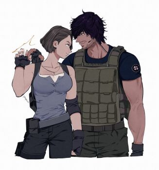 1boy 1girl beard_stubble black_gloves black_hair black_shirt blue_eyes blue_shirt brown_hair carlos_oliveira facial_hair fingerless_gloves gloves highres jill_valentine mappo_m2 pants resident_evil resident_evil_3:_nemesis resident_evil_3_(remake) shirt simple_background smile stubble white_background