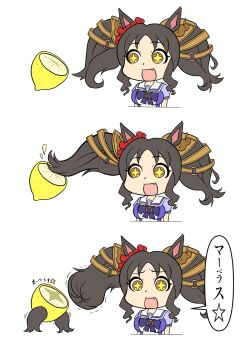 +_+ 1girl animal_ears black_hair blush bow breasts brown_hair drill_hair drill_sidelocks ear_bow ear_ornament fang food fruit hair_ornament harenchinschool highres horse_ears horse_girl horseshoe_ornament large_breasts lemon long_hair marvelous_sunday_(umamusume) open_mouth oppai_loli school_uniform sidelocks smile solo tracen_school_uniform twintails umamusume yellow_eyes