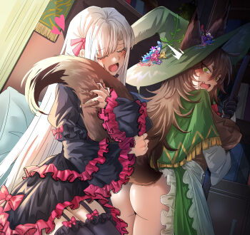2girls @_@ absurdres animal_ears apron ass black_garter_straps black_thighhighs blush bow brown_hair brown_vest capelet closed_eyes clothes_lift dress dutch_angle ears_through_headwear fang flower frilled_dress frills garter_straps green_capelet green_eyes green_skirt hair_ribbon hat hat_flower head_tilt heart highres holding hugging_another&#039;s_tail hugging_tail indoors large_hat long_sleeves multiple_girls nga_(ray_ray) no_panties nose_blush open_mouth original pink_bow pink_ribbon raised_inner_eyebrows ribbon short_eyebrows skirt skirt_lift smile tail tail_grab thighhighs vest waist_apron white_hair witch_hat yuri zettai_ryouiki