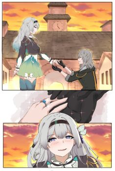 absurdres aqua_dress black_gloves black_hairband clock clock_tower cloud cloudy_sky cropped_jacket crying crying_with_eyes_open dress firefly_(honkai:_star_rail) gloves grey_hair hair_ornament hair_ribbon hairband highres honkai:_star_rail honkai_(series) jewelry kagurachi marriage_proposal ribbon ribbon-trimmed_dress ribbon_trim ring sky sparkle star_(symbol) stelle_(honkai:_star_rail) tears thighhighs tower trailblazer_(honkai:_star_rail) wedding_ring