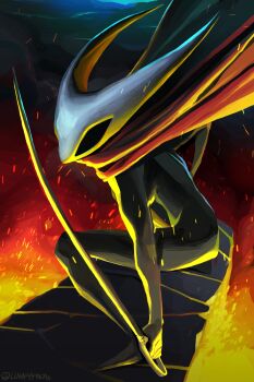 1girl absurdres arthropod_girl artist_name black_skin breasts cloak colored_skin full_body highres holding holding_weapon hollow_eyes hollow_knight hollow_knight:_silksong horned_mask hornet_(hollow_knight) horns lava lumpypacas mask needle_(hollow_knight) red_cloak solo squatting weapon white_mask