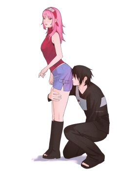 1boy 1girl black_hair boots breasts closed_eyes commentary forehead_protector green_eyes hairband haruno_sakura hashtag-only_commentary hetero highres hugging_another&#039;s_leg long_hair medium_breasts miniskirt naruto:_the_last naruto_(series) open-toe_boots pink_hair red_hairband skirt tenartistt uchiha_sasuke