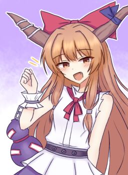 Rule 34 | 1girl, blush, bow, bowtie, brown horns, chain, commentary request, ekbeui, fang, hair bow, highres, horn ornament, horn ribbon, horns, ibuki suika, korean commentary, long hair, looking at viewer, oni, open mouth, orange eyes, orange hair, partial commentary, purple background, purple skirt, red bow, red bowtie, ribbon, shirt, skirt, smile, solo, touhou, very long hair, white shirt, wrist cuffs