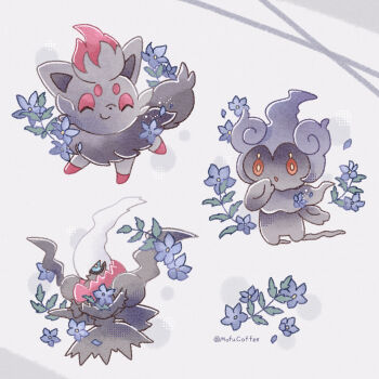 Rule 34 | :o, ^ ^, absurdres, blue flower, closed eyes, closed mouth, commentary request, darkrai, flower, gen 4 pokemon, gen 5 pokemon, gen 7 pokemon, highres, leaf, legendary pokemon, marshadow, mofucoffee, mythical pokemon, nintendo, no humans, orange eyes, pokemon, pokemon (creature), pokemon focus, smile, twitter username, zorua