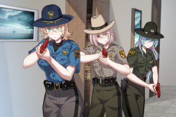 3girls :o :q absurdres belt black_belt blonde_hair blue_hair blue_hat blue_shirt bob_cut braid breast_pocket brown_hat buttons campaign_hat chinese_commentary closed_mouth colorado colorado_(warship_girls_r) colorado_state_patrol colored_inner_hair commentary_request conscript96 cowboy_hat green_hat green_pants grey_pants gun handgun hat heterochromia highres indoors maryland maryland_(warship_girls_r) maryland_state_police multicolored_hair multiple_girls paint_gun pants parted_lips patch pink_hair pocket police police_uniform policewoman pouch red_eyes sheriff_badge shirt short_hair short_sleeves smile standing tongue tongue_out two-tone_hair undershirt united_states variant_set warship_girls_r weapon west_virginia west_virginia_(warship_girls_r) west_virginia_state_police yellow_eyes