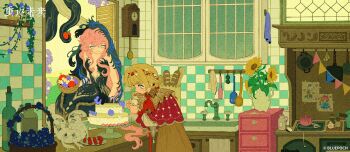 2girls :o absurdres aqua_eyes avgust_(reverse:1999) bare_shoulders basket black_dress black_veil blonde_hair blue_eyes blue_veil braid braided_bangs bread brown_dress cake child&#039;s_drawing chimera cloak clock copyright_name copyright_notice cupboard drawing_(object) dress film_grain flower flutterpage food highres holding holding_basket holding_flower holding_pastry_bag indoors kiperina kitchen logo long_hair looking_at_food low_ponytail multiple_girls nautika_(reverse:1999) neckerchief official_art pastry_bag plunging_neckline ponytail purple_flower red_cloak red_neckerchief reverse:1999 sink smile strapless strapless_dress string_of_flags tail through_window tile_wall tiles two-tone_veil upper_body vase veil wall_clock yellow_flower