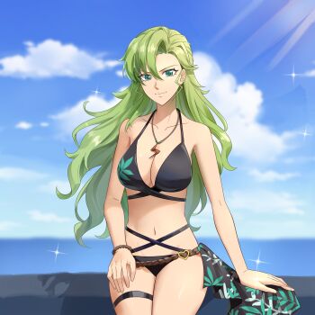 1girl bare_shoulders bikini bleach bleach:_brave_souls bleach:_sennen_kessen-hen bracelet breasts candice_catnipp collarbone deadman70232800 female_focus green_eyes green_hair hand_on_own_thigh highres jewelry large_breasts legs_together long_hair looking_at_viewer navel necklace ocean official_alternate_costume quincy_(bleach) sitting sternritter sunlight swimsuit thigh_strap water
