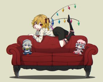 Rule 34 | 1girl, alternate costume, artist name, black shorts, black socks, blonde hair, bow, character doll, closed mouth, commentary request, couch, crystal, crystal wings, dated, doll, flandre scarlet, fumo (doll), hair bow, head rest, highres, izayoi sakuya, kneehighs, long sleeves, looking at viewer, lying, multicolored wings, on couch, on stomach, one side up, red bow, red eyes, remilia scarlet, shadow, shirt, shorts, simple background, smile, socks, solo, tami (joemanyodw), touhou, white shirt, wings