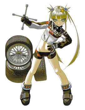 1girl abs absurdres black_gloves black_jacket black_shorts blonde_hair blue_eyes blunt_bangs closed_mouth clothes_writing collar cropped_jacket dress earrings expressionless from_above full_body gloves green_dress hair_ornament hand_on_own_hip high_tops highres holding holding_tool holding_wrench jacket jewelry jitome leaning_to_the_side light_smile long_hair long_sleeves looking_at_viewer looking_up lowleg lowleg_shorts lug_wrench mechanic midriff multicolored_eyes multicolored_jacket navel original red_jacket red_shoes shoes short_shorts shorts sidelocks sneakers solo spiked_collar spikes spread_legs standing star_(symbol) star_hair_ornament tools twintails two-tone_eyes unused_tire upturned_eyes very_long_hair vinne wheel white_jacket white_shoes wrench y2k_fashion zipper_pull_tab
