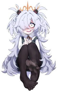 1girl black_pantyhose blue_archive brown_ribbon diagonal-striped_ribbon dr_yamero dress drooling eyeball_hair_ornament feet foot_focus grey_hair hair_over_one_eye halo highres kanoe_(blue_archive) long_hair looking_at_viewer multicolored_eyes no_shoes open_mouth orange_halo pantyhose pinafore_dress ribbon saliva scar scar_on_neck shirt simple_background sleeveless sleeveless_dress smile steaming_body two-tone_eyes two_side_up white_background white_shirt wide-eyed