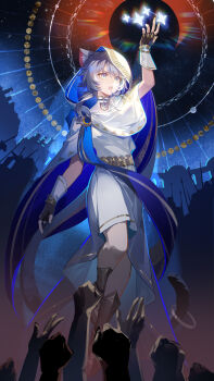 1girl absurdres ancient_greek_clothes animal_ears animal_hood arm_up black_gloves blue_eyes cat_ears cat_girl cat_hood cat_tail cipher_(atticus)_(honkai:_star_rail) cipher_(honkai:_star_rail) commentary_request fengtu_ad fingerless_gloves full_body gloves greco-roman_clothes grey_hair hair_between_eyes highres honkai:_star_rail honkai_(series) hood night official_alternate_costume open_mouth sky solo star_(sky) starry_sky tail teeth upper_teeth_only
