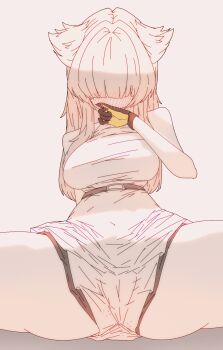 Rule 34 | 1girl, animal ears, animated, animated gif, arknights, arknights: endfield, bare shoulders, belt, bird ears, bird girl, blush, breasts, cameltoe, commentary request, covered navel, dayday (day 1day), dress, egg, egg laying, gloves, hair over eyes, high belt, highres, korean commentary, large breasts, long hair, multicolored gloves, perlica (arknights), pussy, simple background, sitting, sleeveless, sleeveless dress, solo, spread legs, two-sided gloves, two-tone gloves, white background, white dress