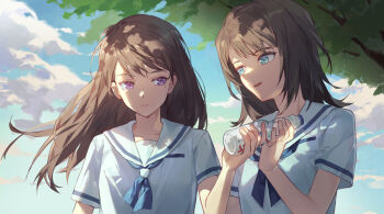 Rule 34 | 2girls, bang dream!, bang dream! it's mygo!!!!!, black hair, blue shirt, bottle, closed mouth, commentary, commission, day, hanasakigawa school uniform, highres, holding, holding bottle, long hair, medium hair, mole, mole under eye, multiple girls, open mouth, outdoors, purple eyes, ramune, sailor collar, school uniform, second-party source, serafuku, shiina taki, shirt, short hair, summer uniform, translation request, upper body, white sailor collar, yahata umiri, yannn