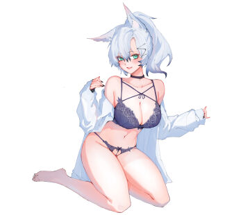 1girl animal_ear_fluff animal_ears aqua_eyes bare_legs bare_shoulders barefoot black_choker black_nails blush bra breasts choker cleavage collarbone commentary_request fingernails hair_between_eyes hair_ornament highres kneeling large_breasts long_fingernails looking_at_viewer nail_polish navel off_shoulder open_clothes open_mouth open_shirt original panties ponytail purple_bra purple_panties shirt short_hair simple_background solo stomach suiiryu teeth underwear upper_teeth_only white_background white_hair white_shirt