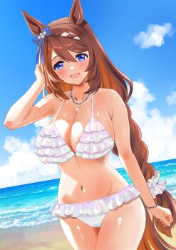 1girl absurdres alternate_costume animal_ears bikini blue_eyes blue_sky blush braid breasts brown_hair cleavage cloud cloudy_sky commentary_request cowboy_shot day frilled_bikini frills highres horse_ears horse_girl horse_tail jewelry large_breasts long_hair looking_at_viewer low-braided_long_hair low-tied_long_hair narumi_yuzurai navel necklace ocean open_mouth outdoors shell shell_necklace shiny_skin sky smile solo stomach super_creek_(umamusume) swimsuit tail textless_version thighs umamusume white_bikini white_hair white_streaks