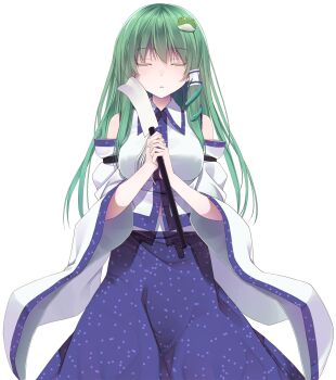 1girl bare_shoulders blue_eyes blue_skirt breasts closed_eyes closed_mouth collared_shirt commentary_request cowboy_shot crote detached_sleeves facing_viewer gohei green_hair hands_up highres holding holding_gohei kochiya_sanae large_breasts large_variant_set long_hair long_skirt long_sleeves nontraditional_miko shirt skirt sleeveless sleeveless_shirt solo tachi-e touhou transparent_background variant_set white_shirt white_sleeves wide_sleeves