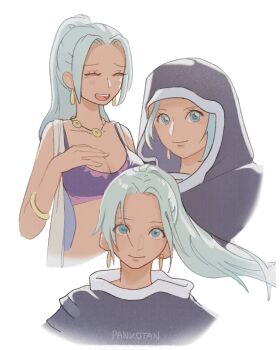 1girl ^_^ artist_name blue_eyes blue_hair blush closed_eyes commentary earrings highres jewelry looking_at_viewer multiple_views necklace nefertari_vivi one_piece open_mouth pank0tan ponytail sidelocks simple_background smile white_background