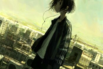 1girl absurdres artist_name black_eyes black_hair black_jacket black_shorts building city cityscape crane_(machine) dutch_angle earphones highres jacket looking_to_the_side maomi_jita on_roof open_clothes open_jacket original outdoors shirt short_hair shorts sky solo standing track_jacket white_shirt
