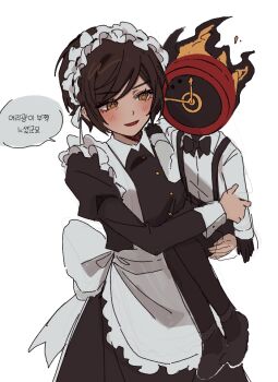 1boy 1girl aged_down apron back_bow black_bow black_dress blush bow breasts brown_hair clock collared_shirt commentary_request dante_(limbus_company) dark-skinned_female dark_skin dress korean_commentary limbus_company long_sleeves looking_at_another maid maid_apron maid_headdress object_head open_mouth orange_eyes outis_(project_moon) project_moon shirt simple_background speech_bubble white_bow yippee