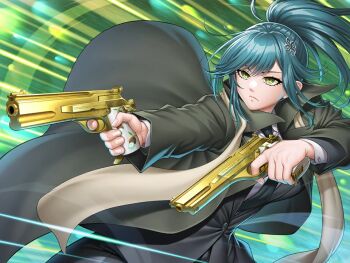 1girl :> aiming alternate_costume black_lagoon breasts crossdressing crossdressing_(ftm) curvy floating_clothes floating_hair formal_clothes game_cg green_eyes green_hair gun high_ponytail holding holding_gun holding_weapon izumo_kinu large_breasts long_hair looking_ahead official_alternate_costume official_art pants ponytail scarf serious shirt smile solo suit taimanin_(series) taimanin_rpgx weapon white_shirt wide_hips zol