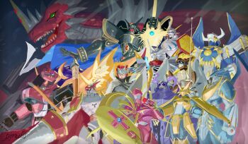 alphamon arm_blade armor artist_name blonde_hair cape craniummon digimon digimon_(creature) digital_hazard dinosaur_boy dragon duftmon dukemon dynasmon examon gankoomon green_eyes group_picture helmet highres holding holding_shield horns jesmon knight lance lordknightmon magnamon multiple_boys nimadj no_humans non-humanoid_robot omegamon oversized_wings pink_armor pink_helmet polearm red_eyes red_scales robot robot_dragon royal_knights_(digimon) sharp_teeth shield sleipmon tail teeth ulforcev-dramon weapon wings