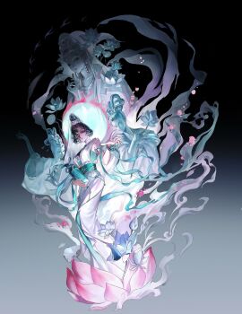 Rule 34 | 1girl, absurdres, armlet, black hair, bottle, chinese commentary, commentary request, dress, full body, gilles, gradient background, green shawl, green tube top, guanyin, hair bun, hair ornament, hair over one eye, halo, halo behind head, hand up, highres, holding, holding bottle, jewelry, lotus hair ornament, lotus pedestal, official alternate costume, one eye covered, purple eyes, reverse:1999, see-through clothes, see-through veil, shawl, short hair, sleeveless, sleeveless dress, smoke, snake hair ornament, solo, statue, strapless, tube top, tuesday (reverse:1999), tuesday (story of the jade vase) (reverse:1999), veil, white dress