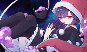 1girl :3 absurdres arm_between_legs bare_shoulders black_capelet black_thighhighs blob blue_eyes blue_hair book capelet closed_mouth commentary_request doremy_sweet dream_soul dress frilled_capelet frilled_dress frills fur-tipped_tail hat highres holding holding_book light_blush looking_at_viewer mizore_arius night night_sky nightcap off-shoulder_dress off_shoulder pom_pom_(clothes) purple_eyes purple_hair red_hat short_hair sky solo swept_bangs tail thighhighs touhou two-tone_dress