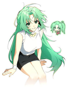 2girls angttilttil bare_shoulders black_skirt breasts chibi chibi_inset feet_out_of_frame green_eyes green_hair half_updo hashtag-only_commentary highres higurashi_no_naku_koro_ni long_hair medium_breasts miniskirt multiple_girls parted_bangs parted_lips ponytail red_skirt siblings sisters sitting skirt sleeveless sleeveless_turtleneck smile sonozaki_mion sonozaki_shion sweater turtleneck turtleneck_sweater twins white_background white_sweater white_wrist_cuffs wrist_cuffs