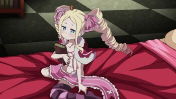 1girl animated animated_gif asymmetrical_legwear beatrice_(re:zero) bed bed_sheet blonde_hair blue_eyes book hugging_book bookshelf capelet convenient_censoring cyphernyaw female_focus flat_chest fur_trim holding holding_book loli mismatched_legwear navel hugging_object pillow re:zero_kara_hajimeru_isekai_seikatsu scarf solo thighhighs twin_drills